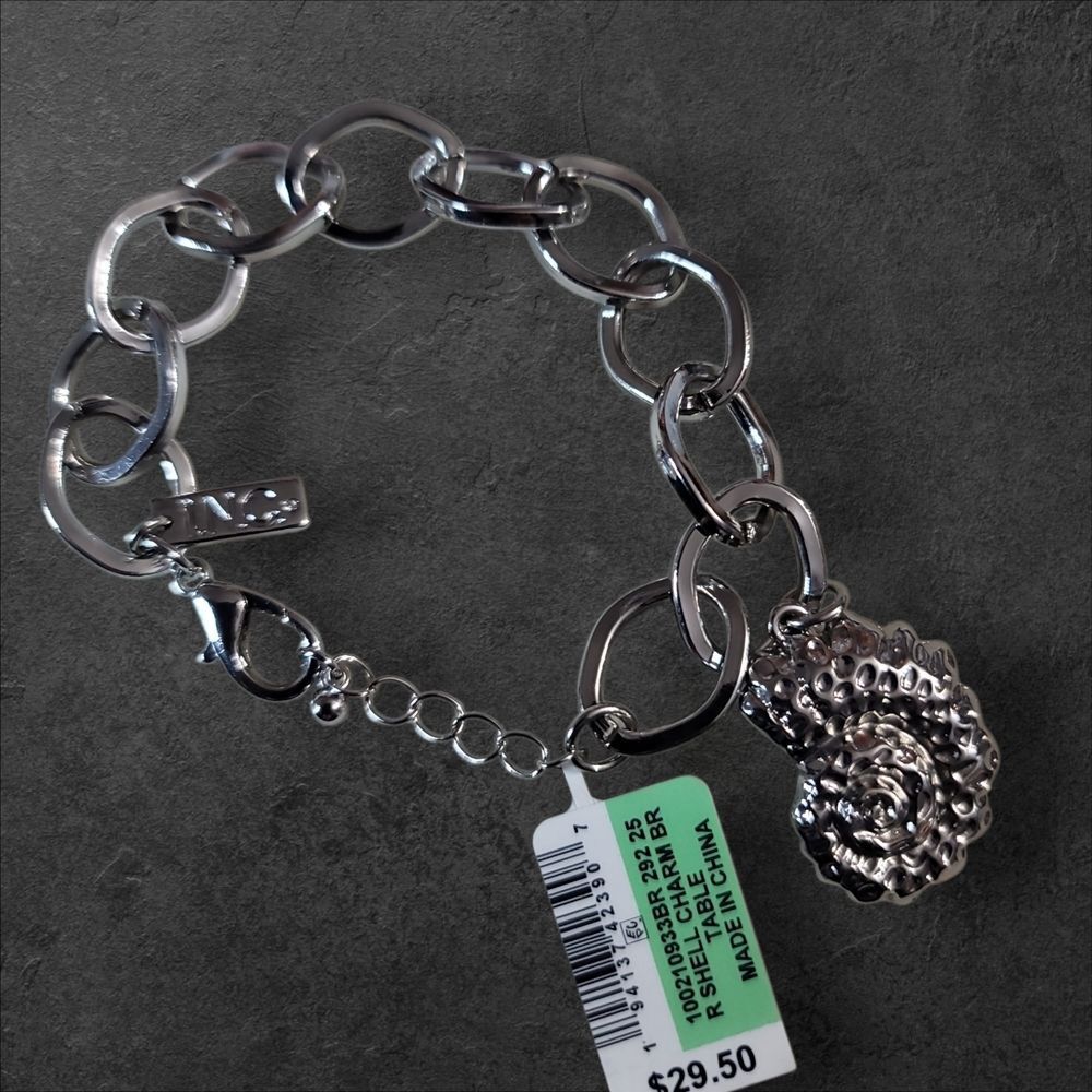 INC International Concepts Silver Link Chain Bracelet with Floral Charm